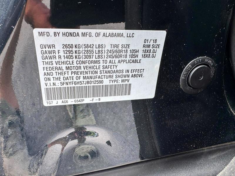 57209846 :رقم المزاد ، 5FNYF6H57JB012590 vin ، 2018 Honda Pilot مزاد بيع