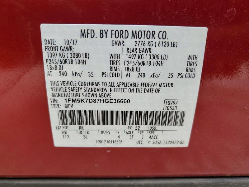 Aukcja sprzedaży 2017 Ford Explorer, vin: 1FM5K7D87HGE36660, numer aukcji: 58010036