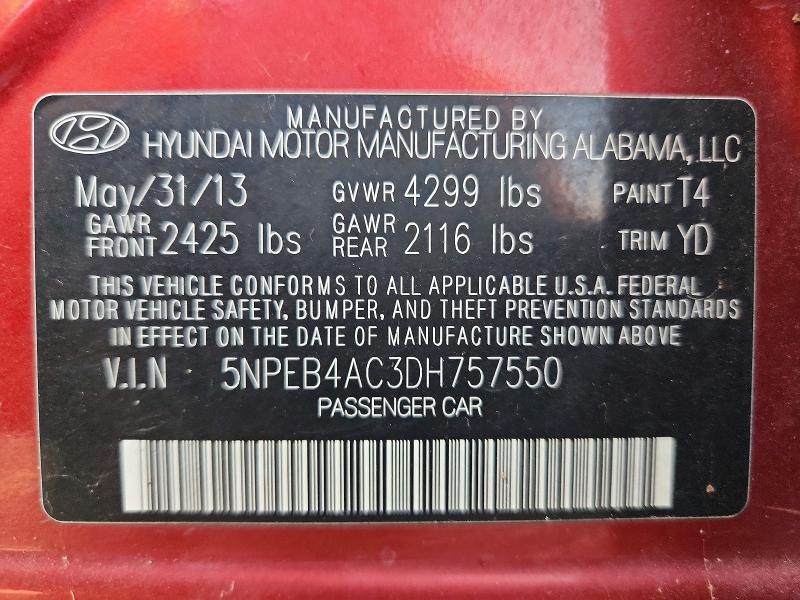 2013 Hyundai Sonata მანქანა იყიდება აუქციონზე, vin: 5NPEB4AC3DH757550, აუქციონის ნომერი: 58996006