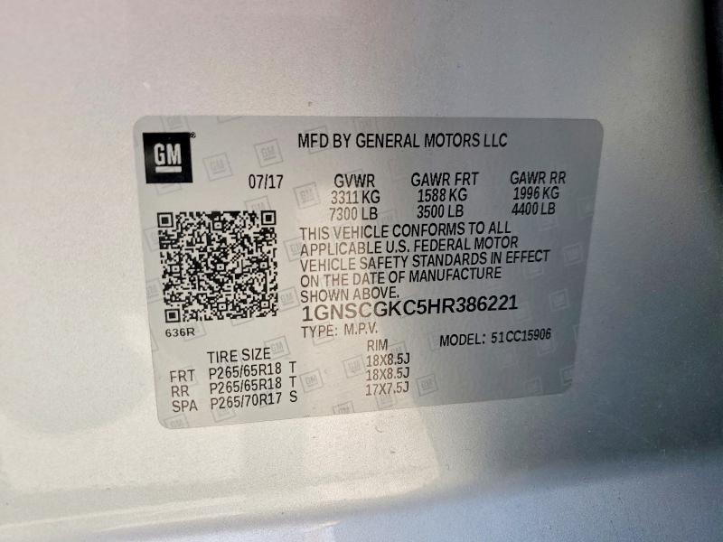 Продаж на аукціоні авто 2017 Chevrolet Suburban, vin: 1GNSCGKC5HR386221, номер лоту: 58530416