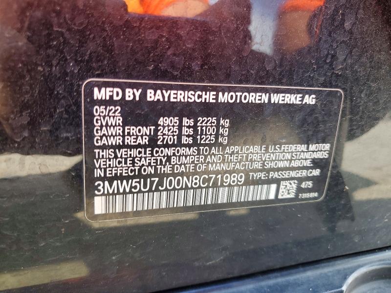 55504256 :رقم المزاد ، 3MW5U7J00N8C71989 vin ، 2022 Bmw M340i مزاد بيع