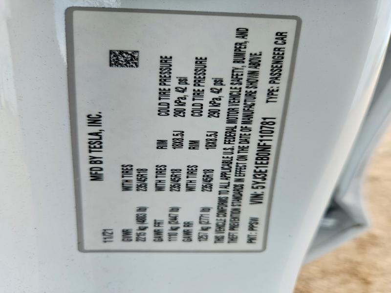 Aukcja sprzedaży 2022 Tesla Model 3, vin: 5YJ3E1EB0NF110781, numer aukcji: 55583076