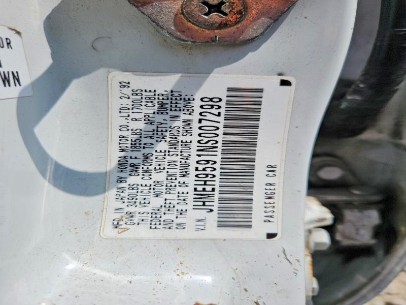 1992 Honda Civic მანქანა იყიდება აუქციონზე, vin: JHMEH9591NS007298, აუქციონის ნომერი: 56227776