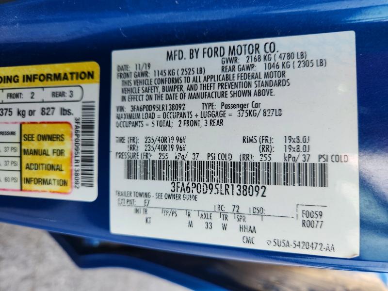 55729396 :رقم المزاد ، 3FA6P0D95LR138092 vin ، 2020 Ford Fusion مزاد بيع