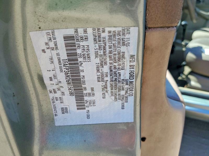 2006 Ford Focus მანქანა იყიდება აუქციონზე, vin: 1FAFP36N26W156580, აუქციონის ნომერი: 55516296