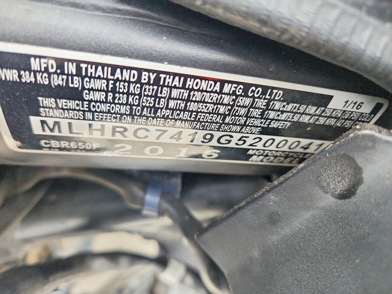 Aukcja sprzedaży 2016 Honda Cbr650, vin: MLHRC7419G5200041, numer aukcji: 58765556