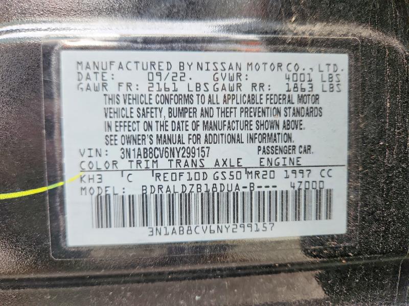 2022 Nissan Sentra მანქანა იყიდება აუქციონზე, vin: 3N1AB8CV6NY299157, აუქციონის ნომერი: 55778456
