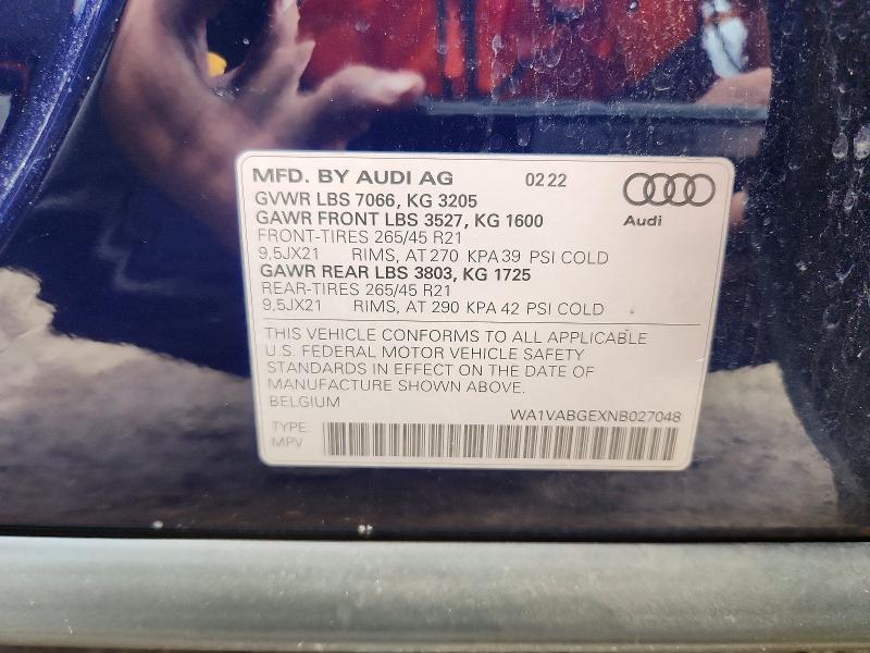 57887576 :رقم المزاد ، WA1VABGEXNB027048 vin ، 2022 Audi E-tron مزاد بيع