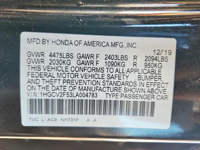 2020 Honda Accord მანქანა იყიდება აუქციონზე, vin: 1HGCV2F53LA004783, აუქციონის ნომერი: 57720416