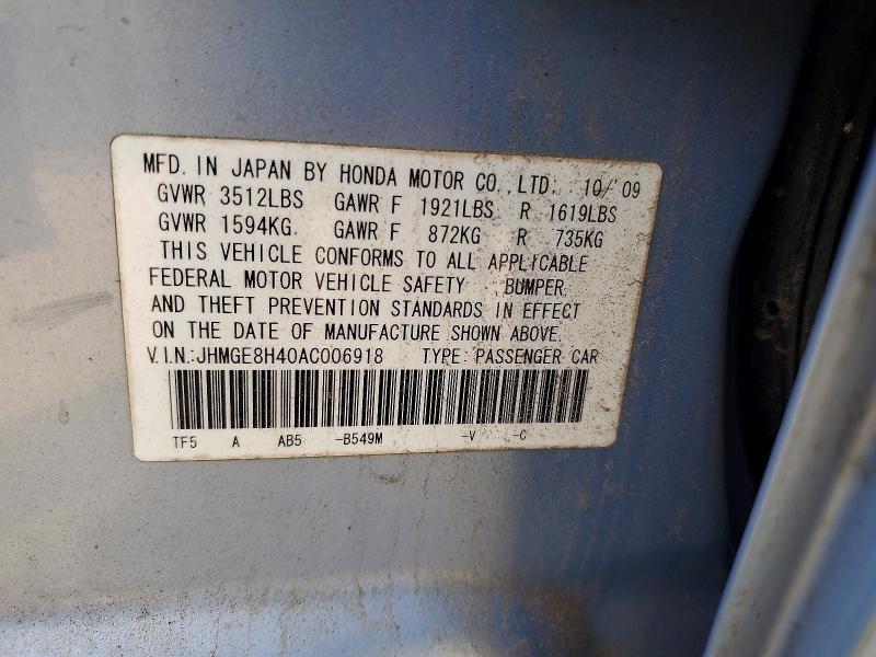2010 Honda Fit მანქანა იყიდება აუქციონზე, vin: JHMGE8H40AC006918, აუქციონის ნომერი: 56684516