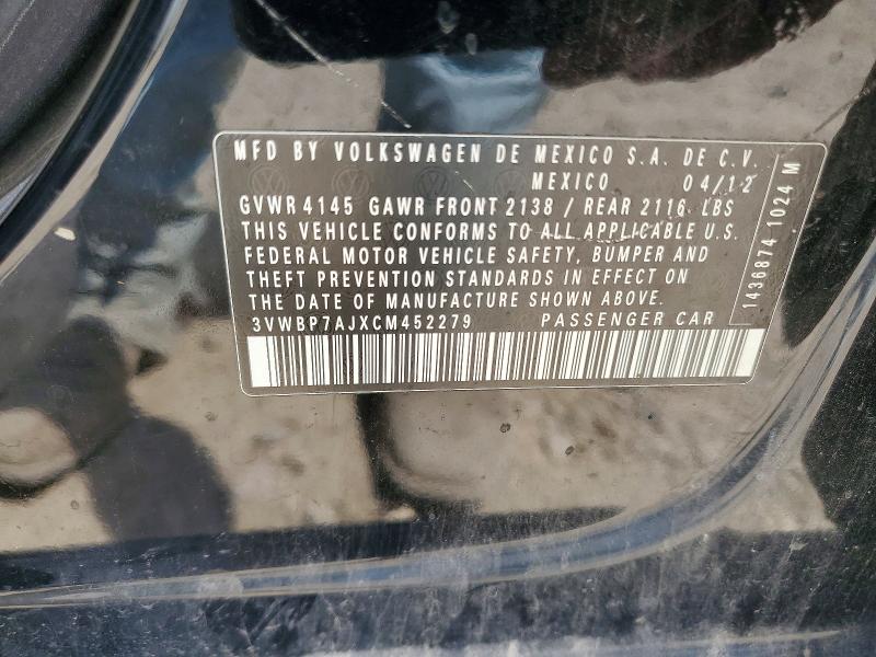 2012 Volkswagen Jetta მანქანა იყიდება აუქციონზე, vin: 3VWBP7AJXCM452279, აუქციონის ნომერი: 57423976