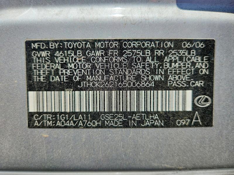 Aukcja sprzedaży 2006 Lexus Is, vin: JTHCK262165006864, numer aukcji: 55630116