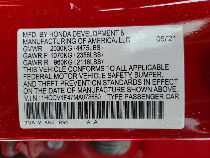 Продажа на аукционе авто 2021 Honda Accord, vin: 1HGCV1F47MA078680, номер лота: 57528836