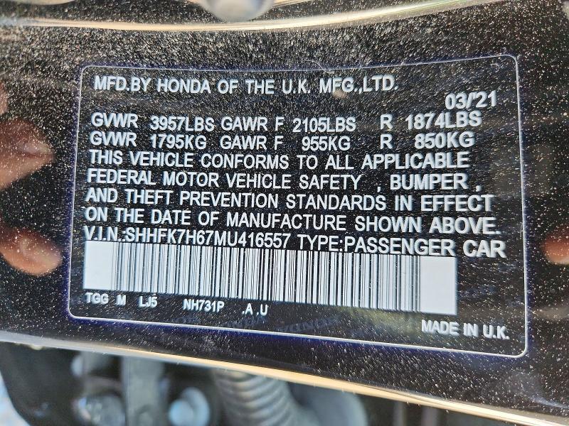 Aukcja sprzedaży 2021 Honda Civic, vin: SHHFK7H67MU416557, numer aukcji: 57209746