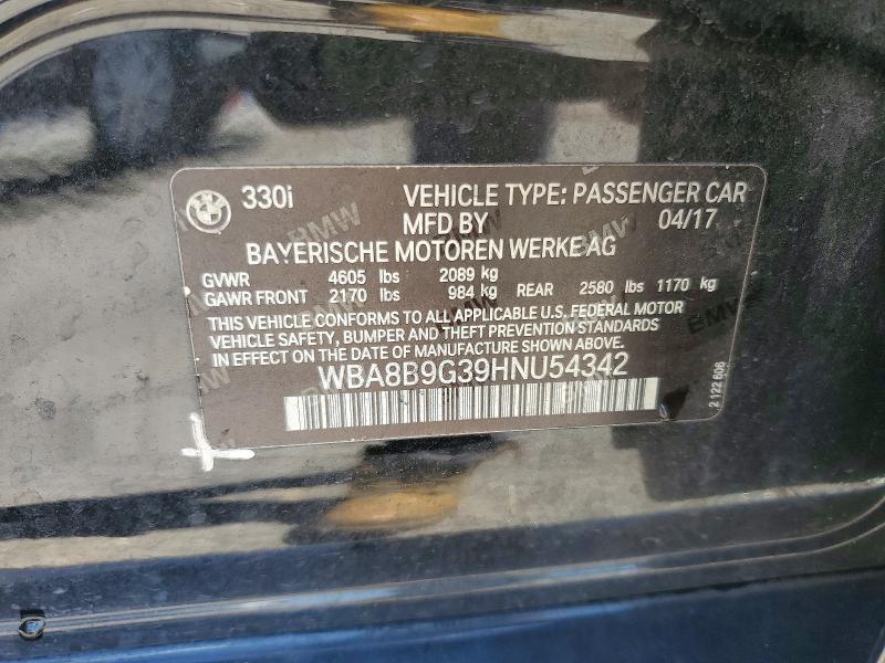 2017 Bmw 330 მანქანა იყიდება აუქციონზე, vin: WBA8B9G39HNU54342, აუქციონის ნომერი: 54307486