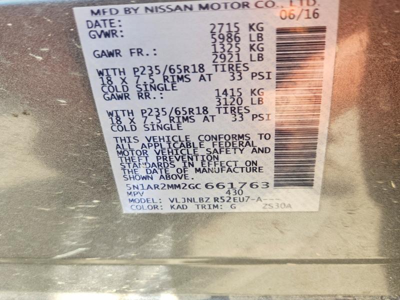57995376 :رقم المزاد ، 5N1AR2MM2GC661763 vin ، 2016 Nissan Pathfinder مزاد بيع