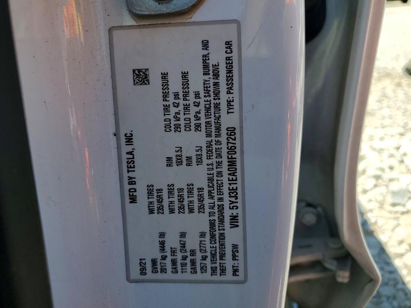 2021 Tesla Model 3 მანქანა იყიდება აუქციონზე, vin: 5YJ3E1EA0MF067260, აუქციონის ნომერი: 51921096