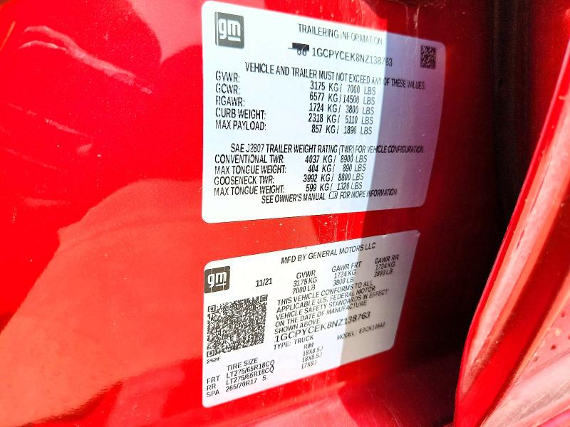 Продажа на аукционе авто 2022 Chevrolet Silverado Ltd, vin: 1GCPYCEK8NZ138763, номер лота: 57931626