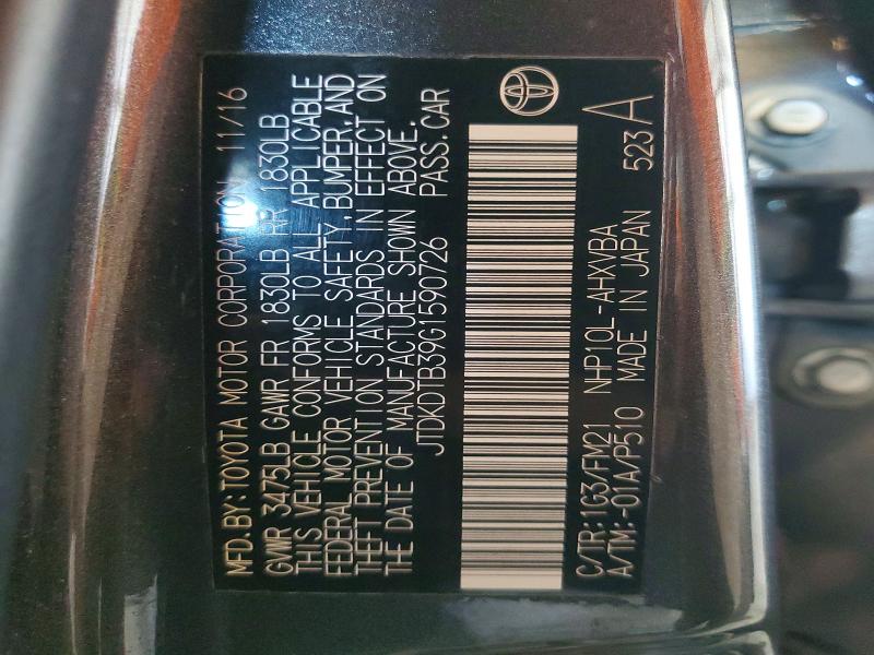 55414866 :رقم المزاد ، JTDKDTB39G1590726 vin ، 2016 Toyota Prius C مزاد بيع