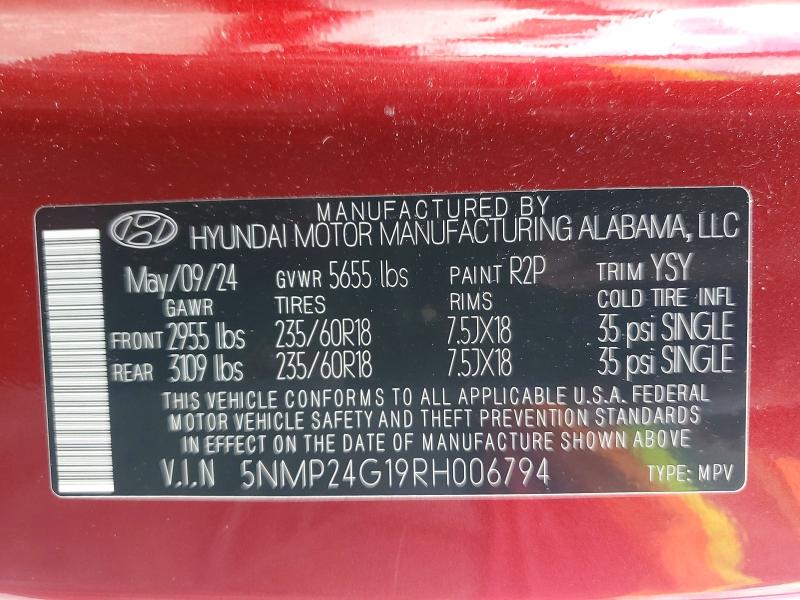 Aukcja sprzedaży 2024 Hyundai Santa Fe, vin: 5NMP24G19RH006794, numer aukcji: 58002136