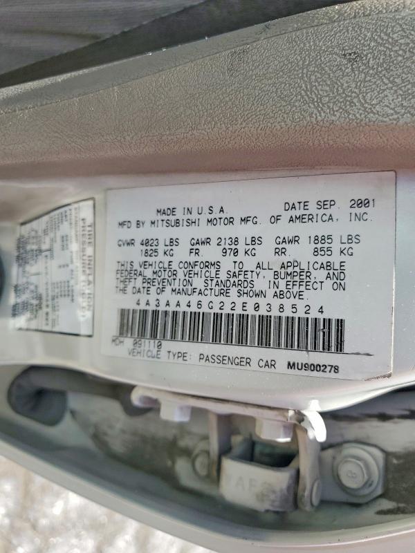 Продаж на аукціоні авто 2002 Mitsubishi Galant, vin: 4A3AA46G22E038524, номер лоту: 55977326