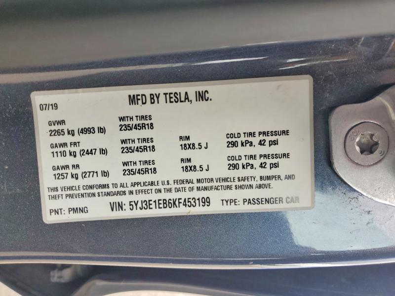 56172836 :رقم المزاد ، 5YJ3E1EB6KF453199 vin ، 2019 Tesla Model 3 مزاد بيع