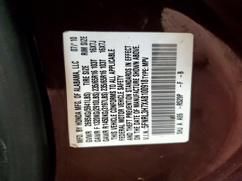 57184236 :رقم المزاد ، 5FNRL3H7XAB100918 vin ، 2010 Honda Odyssey مزاد بيع