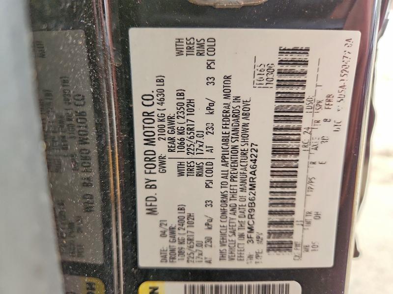 2021 Ford Bronco Sport მანქანა იყიდება აუქციონზე, vin: 3FMCR9B62MRA64227, აუქციონის ნომერი: 58537516
