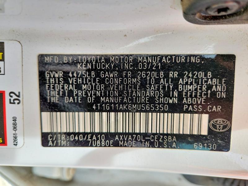 Aukcja sprzedaży 2021 Toyota Camry, vin: 4T1G11AK6MU565350, numer aukcji: 56746026