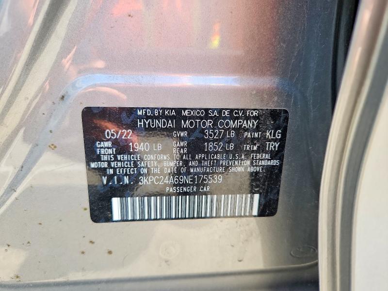 2022 Hyundai Accent მანქანა იყიდება აუქციონზე, vin: 3KPC24A69NE175539, აუქციონის ნომერი: 55801946