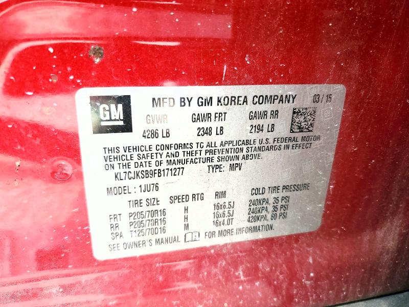 2015 Chevrolet Trax მანქანა იყიდება აუქციონზე, vin: KL7CJKSB9FB171277, აუქციონის ნომერი: 57220746