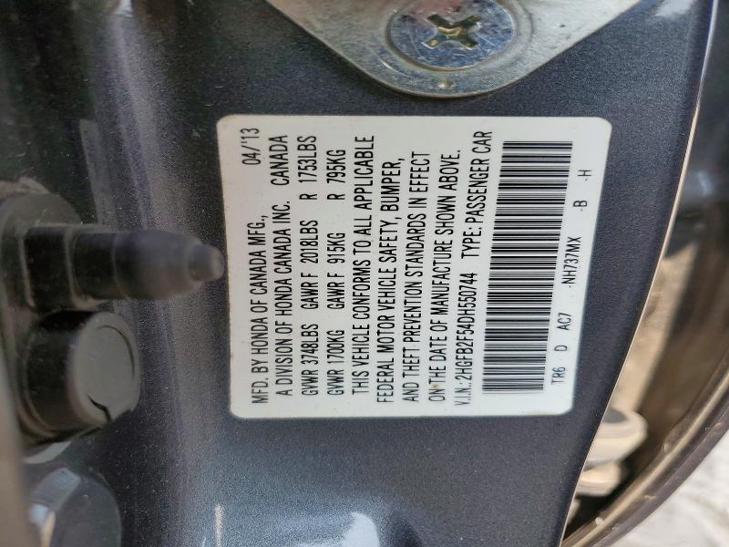 58303546 :رقم المزاد ، 2HGFB2F54DH550744 vin ، 2013 Honda Civic مزاد بيع