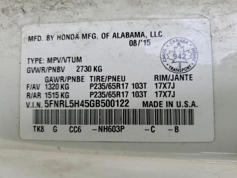 2016 Honda Odyssey მანქანა იყიდება აუქციონზე, vin: 5FNRL5H45GB500122, აუქციონის ნომერი: 56339646