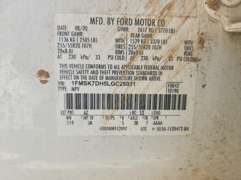Продаж на аукціоні авто 2020 Ford Explorer, vin: 1FMSK7DH5LGC28031, номер лоту: 58895446