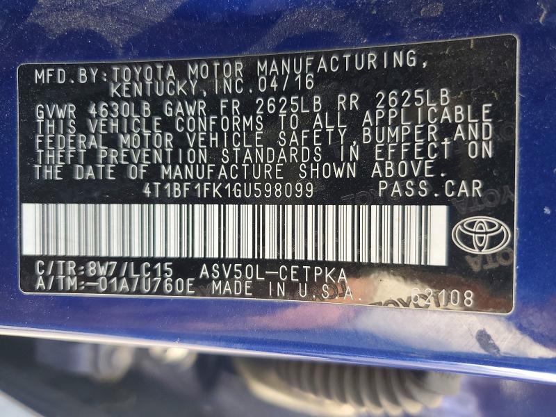 Продажа на аукционе авто 2016 Toyota Camry, vin: 4T1BF1FK1GU598099, номер лота: 56653446