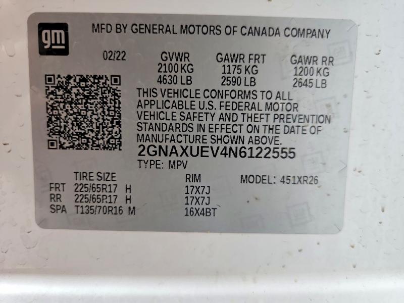 Продаж на аукціоні авто 2022 Chevrolet Equinox, vin: 2GNAXUEV4N6122555, номер лоту: 57384086