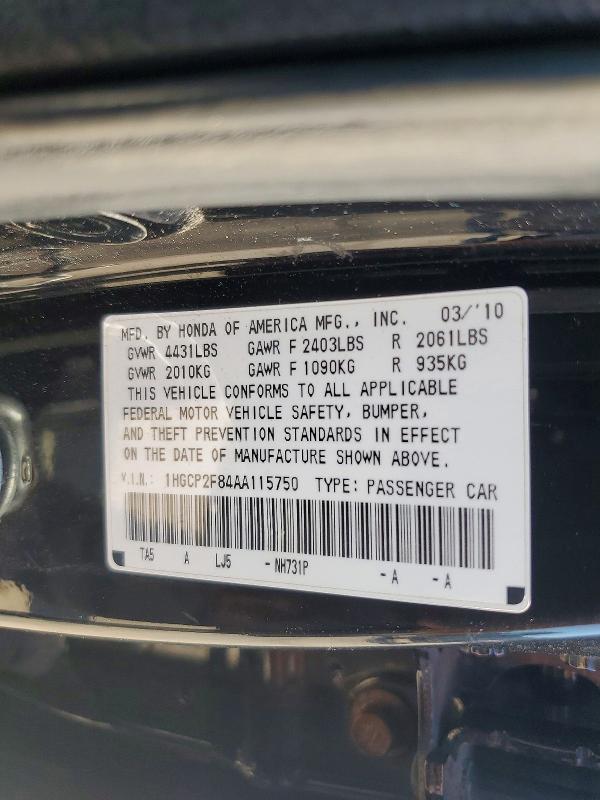 Aukcja sprzedaży 2010 Honda Accord, vin: 1HGCP2F84AA115750, numer aukcji: 54287266