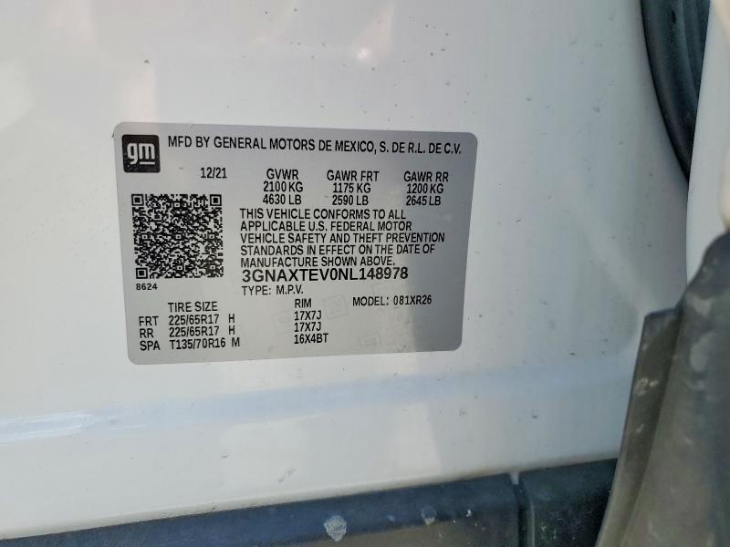 Aukcja sprzedaży 2022 Chevrolet Equinox, vin: 3GNAXTEV0NL148978, numer aukcji: 58450956