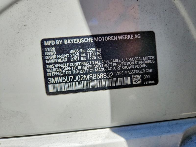 57529366 :رقم المزاد ، 3MW5U7J02M8B68832 vin ، 2021 Bmw M340i مزاد بيع
