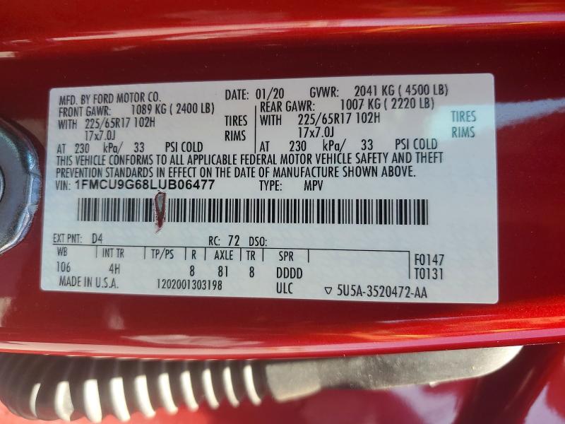 Aukcja sprzedaży 2020 Ford Escape, vin: 1FMCU9G68LUB06477, numer aukcji: 57925566