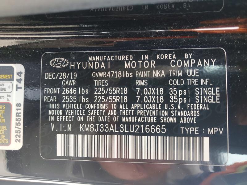 58014766 :رقم المزاد ، KM8J33AL3LU216665 vin ، 2020 Hyundai Tucson مزاد بيع