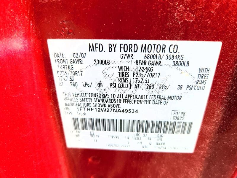 Продажа на аукционе авто 2007 Ford F150, vin: 1FTRF12W27NA49534, номер лота: 56172776