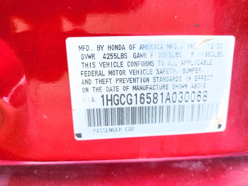 Aukcja sprzedaży 2001 Honda Accord, vin: 1HGCG16581A030068, numer aukcji: 57214976