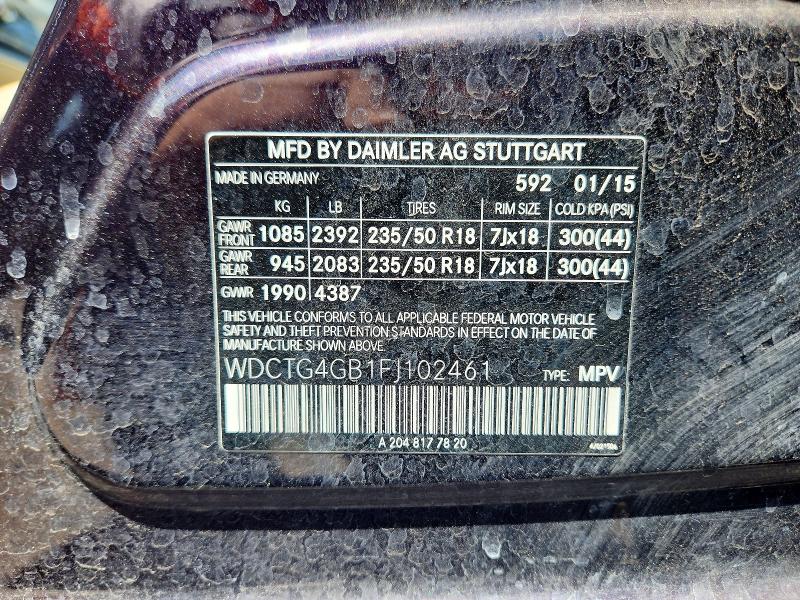2015 Mercedes-benz Gla მანქანა იყიდება აუქციონზე, vin: WDCTG4GB1FJ102461, აუქციონის ნომერი: 56642176