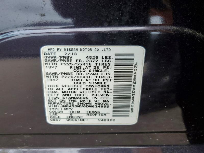 58936926 :رقم المزاد ، JN8AS5MV6DW634955 vin ، 2013 Nissan Rogue مزاد بيع