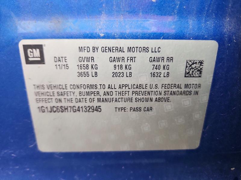 56119266 :رقم المزاد ، 1G1JC6SH7G4132945 vin ، 2016 Chevrolet Sonic مزاد بيع