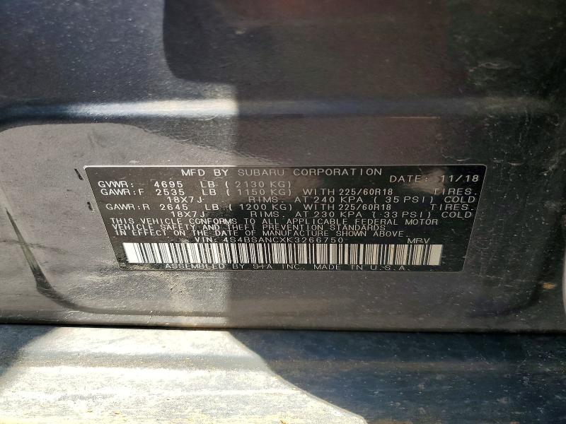 56111736 :رقم المزاد ، 4S4BSANCXK3266750 vin ، 2019 Subaru Outback مزاد بيع