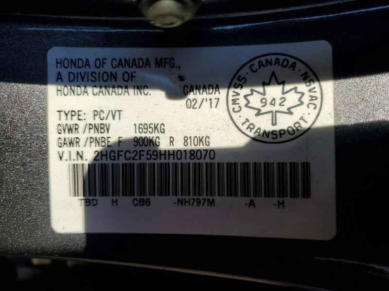 Продаж на аукціоні авто 2017 Honda Civic, vin: 2HGFC2F59HH018070, номер лоту: 58187136