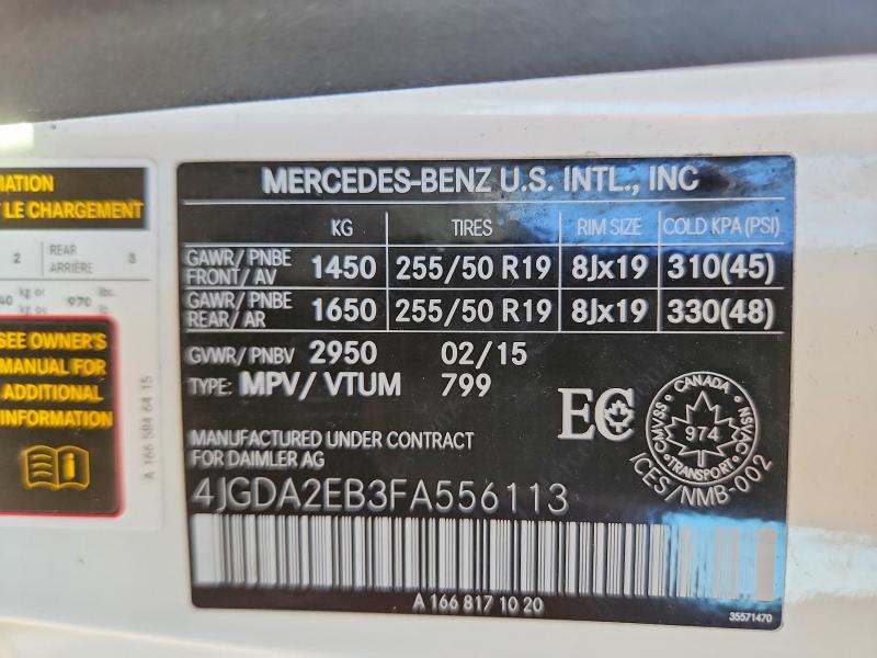 Продажа на аукционе авто 2015 Mercedes-benz Ml, vin: 4JGDA2EB3FA556113, номер лота: 58761276