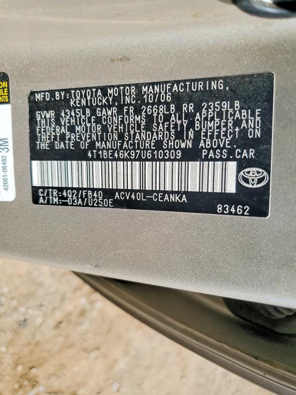2007 Toyota Camry მანქანა იყიდება აუქციონზე, vin: 4T1BE46K97U610309, აუქციონის ნომერი: 57924236